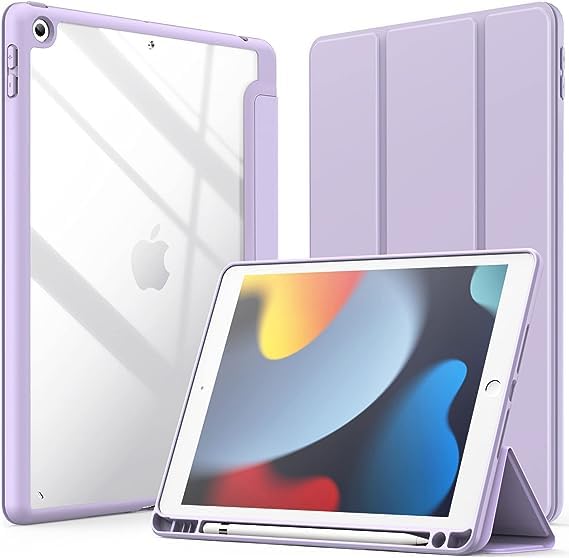 Printme Case for iPad 10.2-Inch (9th/8th/7th Generation, 2021/2020/2019) with Pencil Holder, Clear Transparent Back Shell Slim Stand Shockproof Tablet Cover, Auto Wake/Sleep (Black)