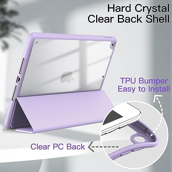 Printme Case for iPad 10.2-Inch (9th/8th/7th Generation, 2021/2020/2019) with Pencil Holder, Clear Transparent Back Shell Slim Stand Shockproof Tablet Cover, Auto Wake/Sleep (Black)
