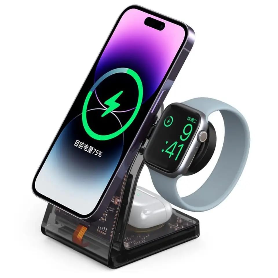 Printme 3-in-1 Magnetic Wireless Charging Station for iPhone, Apple Watch & AirPods, Fast Charging Dock with Transparent Cyber Design, Mag-Safe Compatible Charging Stand