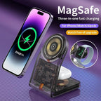 Printme 3-in-1 Magnetic Wireless Charging Station for iPhone, Apple Watch & AirPods, Fast Charging Dock with Transparent Cyber Design, Mag-Safe Compatible Charging Stand