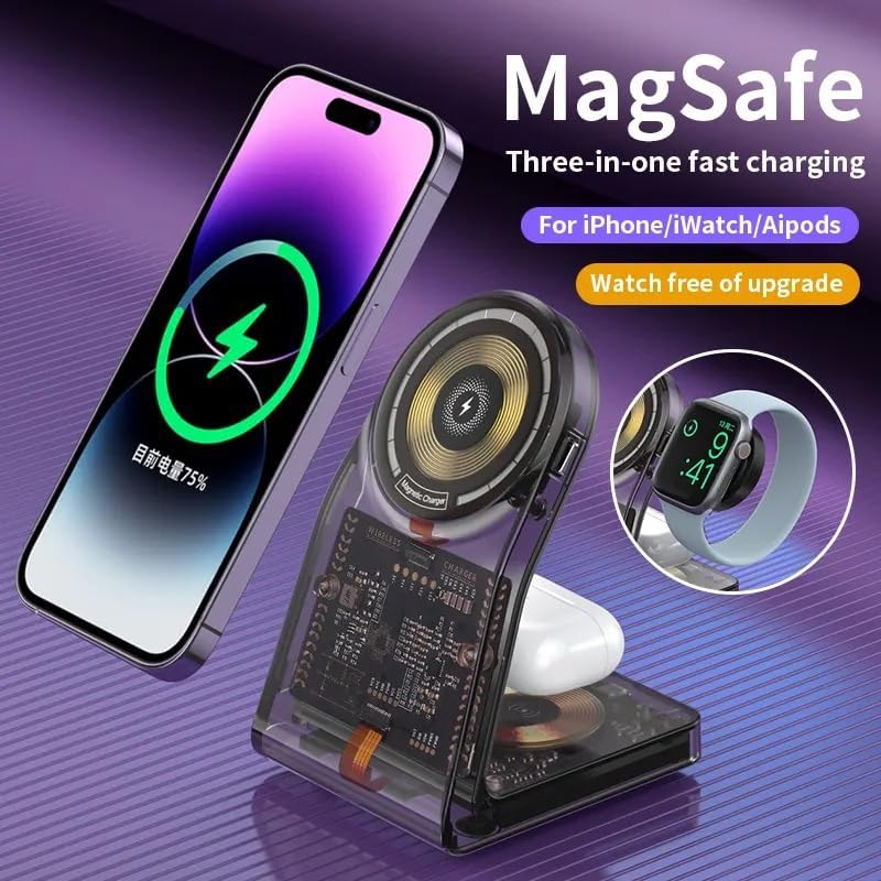 Printme 3-in-1 Magnetic Wireless Charging Station for iPhone, Apple Watch & AirPods, Fast Charging Dock with Transparent Cyber Design, Mag-Safe Compatible Charging Stand