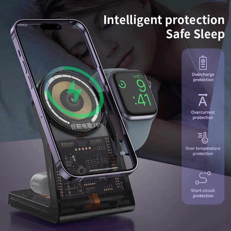 Printme 3-in-1 Magnetic Wireless Charging Station for iPhone, Apple Watch & AirPods, Fast Charging Dock with Transparent Cyber Design, Mag-Safe Compatible Charging Stand
