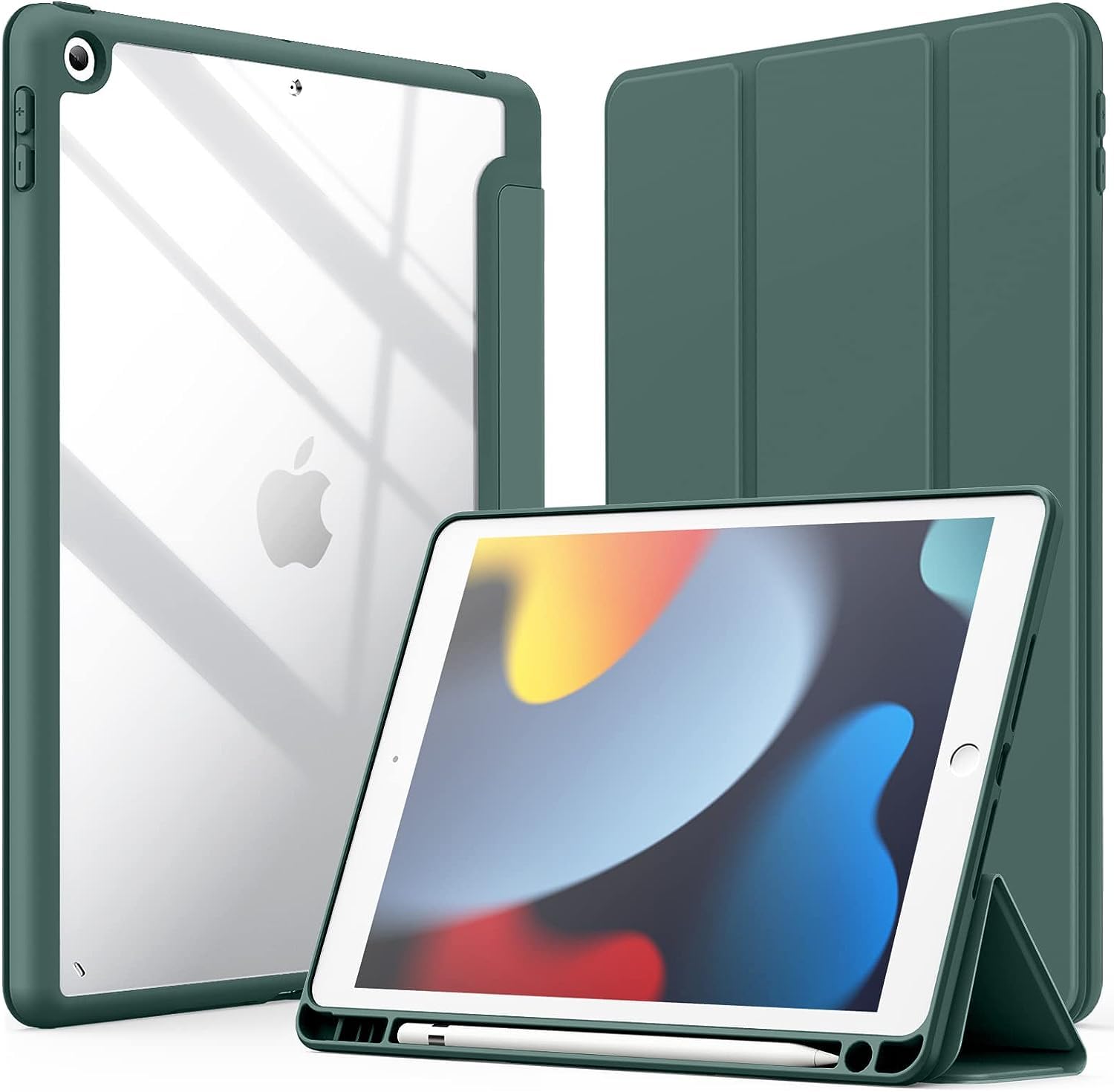 Printme Case for iPad 10.2-Inch (9th/8th/7th Generation, 2021/2020/2019) with Pencil Holder, Clear Transparent Back Shell Slim Stand Shockproof Tablet Cover, Auto Wake/Sleep (Black)