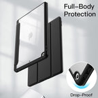 Printme Case for iPad 10.2-Inch (9th/8th/7th Generation, 2021/2020/2019) with Pencil Holder, Clear Transparent Back Shell Slim Stand Shockproof Tablet Cover, Auto Wake/Sleep (Black)