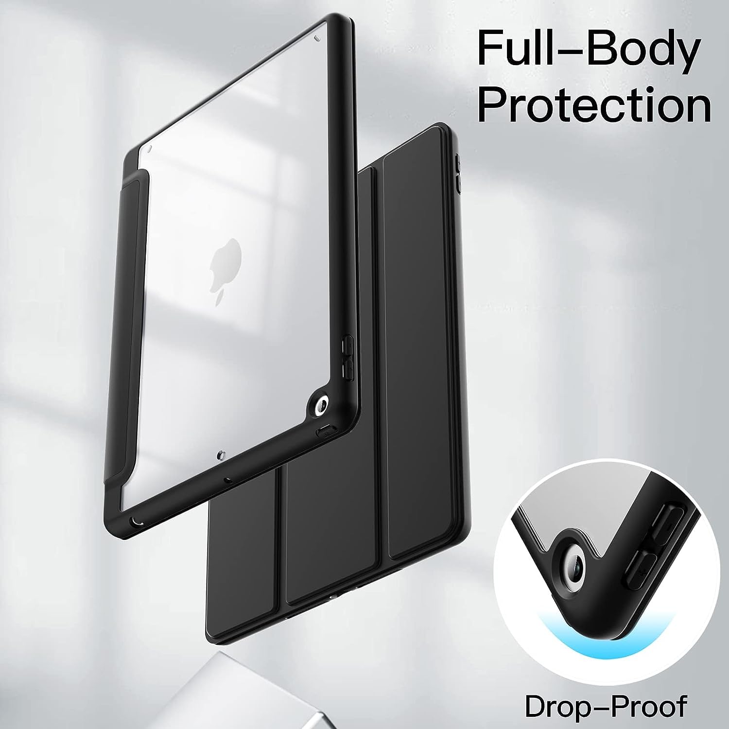 Printme Case for iPad 10.2-Inch (9th/8th/7th Generation, 2021/2020/2019) with Pencil Holder, Clear Transparent Back Shell Slim Stand Shockproof Tablet Cover, Auto Wake/Sleep (Black)