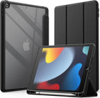 Printme Case for iPad 10.2-Inch (9th/8th/7th Generation, 2021/2020/2019) with Pencil Holder, Clear Transparent Back Shell Slim Stand Shockproof Tablet Cover, Auto Wake/Sleep (Black)