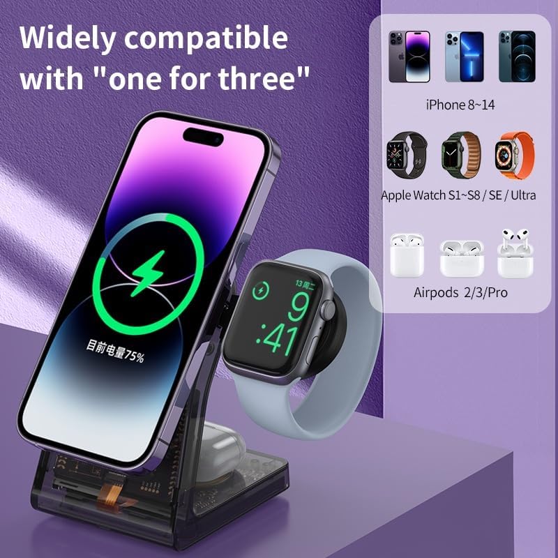 Printme 3-in-1 Magnetic Wireless Charging Station for iPhone, Apple Watch & AirPods, Fast Charging Dock with Transparent Cyber Design, Mag-Safe Compatible Charging Stand