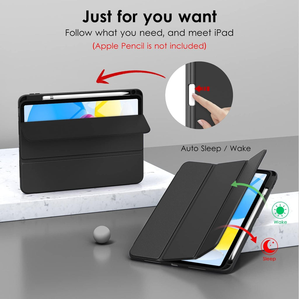 Printme Compatible with iPad (A16) 11th Generation Case 11 Inch 2025, for iPad 10th Generation Case 10.9 Inch 2022 with Pencil Holder, Slim Trifold Stand Protective Cover with Soft TPU Back (Black)