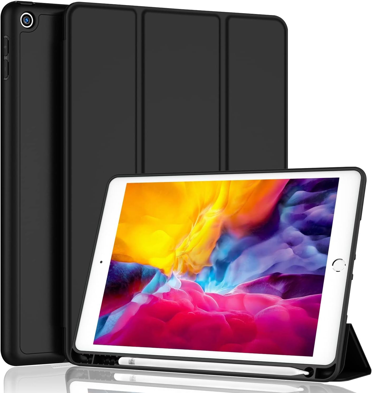 Printme Case for iPad 9th/8th/7th Generation 10.2 inch, Slim Lightweight Trifold Stand Smart Case with Pencil Holder, Auto Sleep/Wake Soft TPU Back Cover for iPad 10.2 2021/2020/2019 (Black)