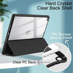 Printme Case for iPad 10.2-Inch (9th/8th/7th Generation, 2021/2020/2019) with Pencil Holder, Clear Transparent Back Shell Slim Stand Shockproof Tablet Cover, Auto Wake/Sleep (Black)