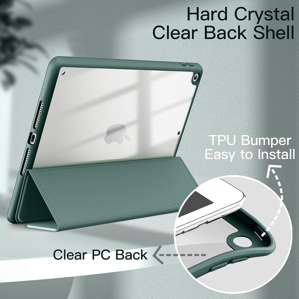Printme Case for iPad 10.2-Inch (9th/8th/7th Generation, 2021/2020/2019) with Pencil Holder, Clear Transparent Back Shell Slim Stand Shockproof Tablet Cover, Auto Wake/Sleep (Black)