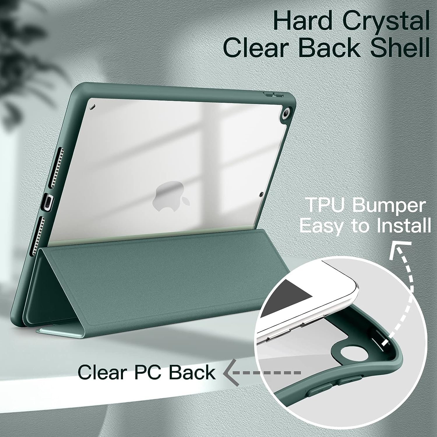 Printme Case for iPad 10.2-Inch (9th/8th/7th Generation, 2021/2020/2019) with Pencil Holder, Clear Transparent Back Shell Slim Stand Shockproof Tablet Cover, Auto Wake/Sleep (Black)