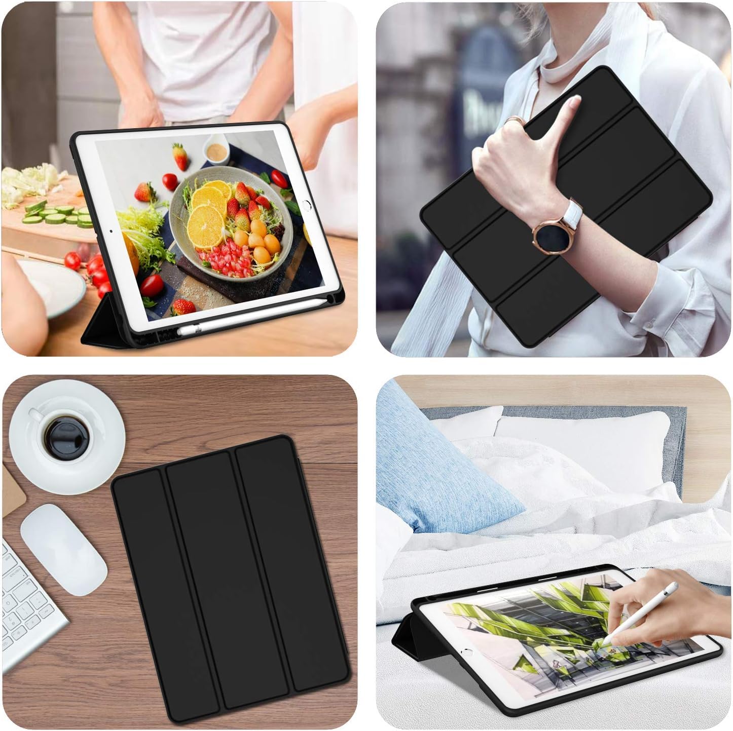 Printme Case for iPad 9th/8th/7th Generation 10.2 inch, Slim Lightweight Trifold Stand Smart Case with Pencil Holder, Auto Sleep/Wake Soft TPU Back Cover for iPad 10.2 2021/2020/2019 (Black)